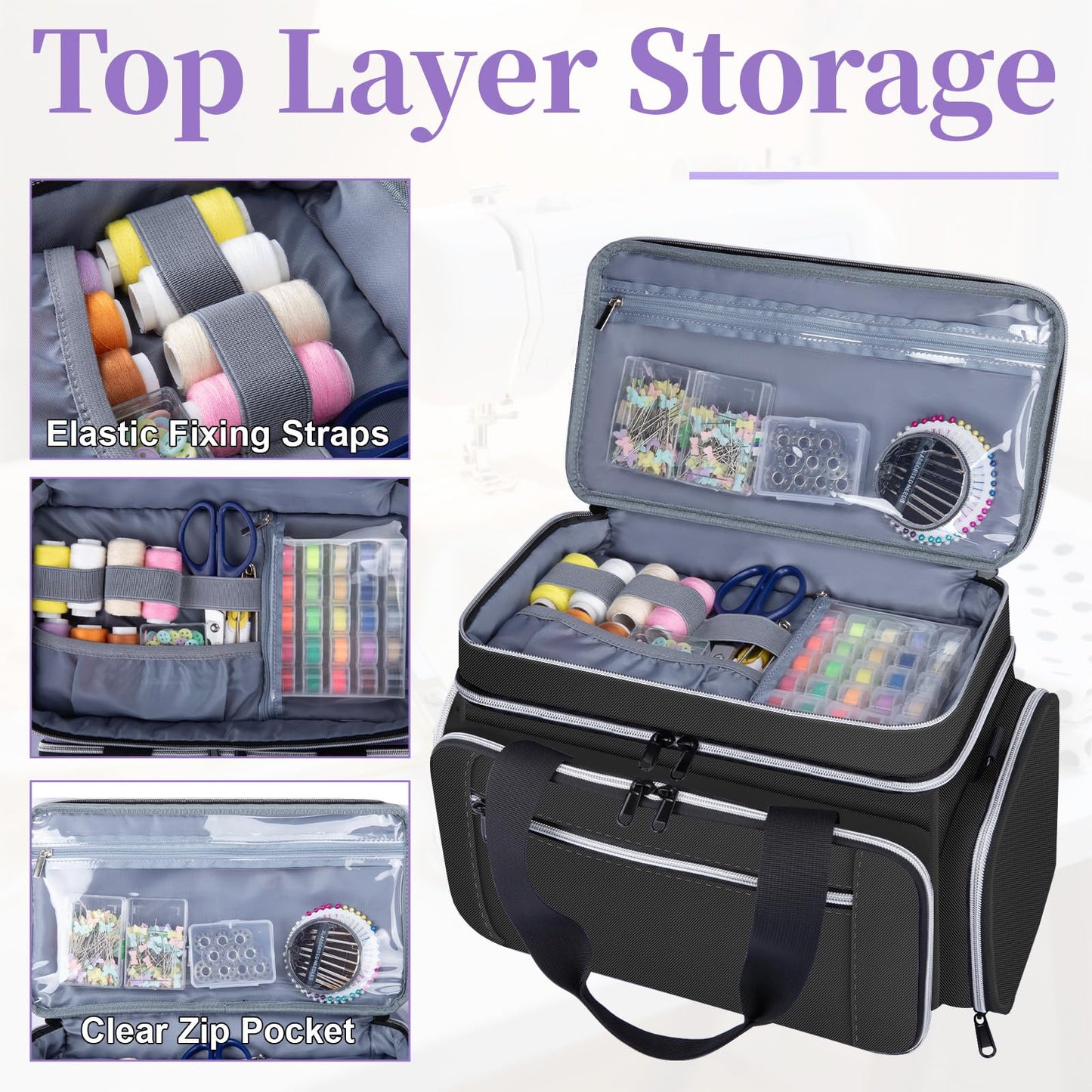 Anitor Large Sewing Supplies Organizer, Double Layer Sewing Storage Organizer with Two Detachable Dividers, Travel Sewing Bag Organizer with Shoulder Strap for Accessories, Black, (Bag Only)