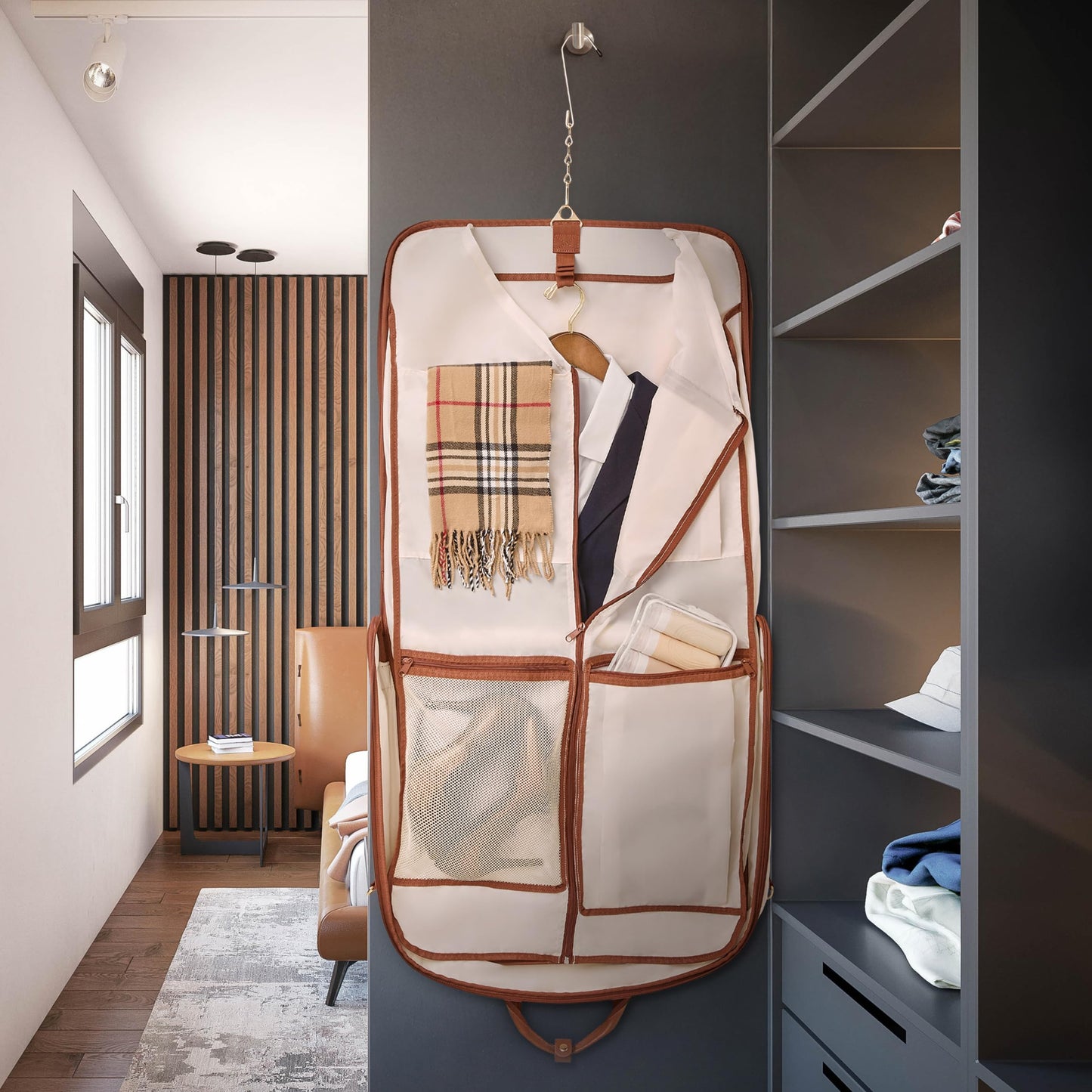ZEGUR Premium Garment Bag Carry On for Women - Hangs Blazers, Pantsuits & More - Travel Bag with Shoulder Strap and Laptop Compartment (Beige with Saddle Brown Leather)