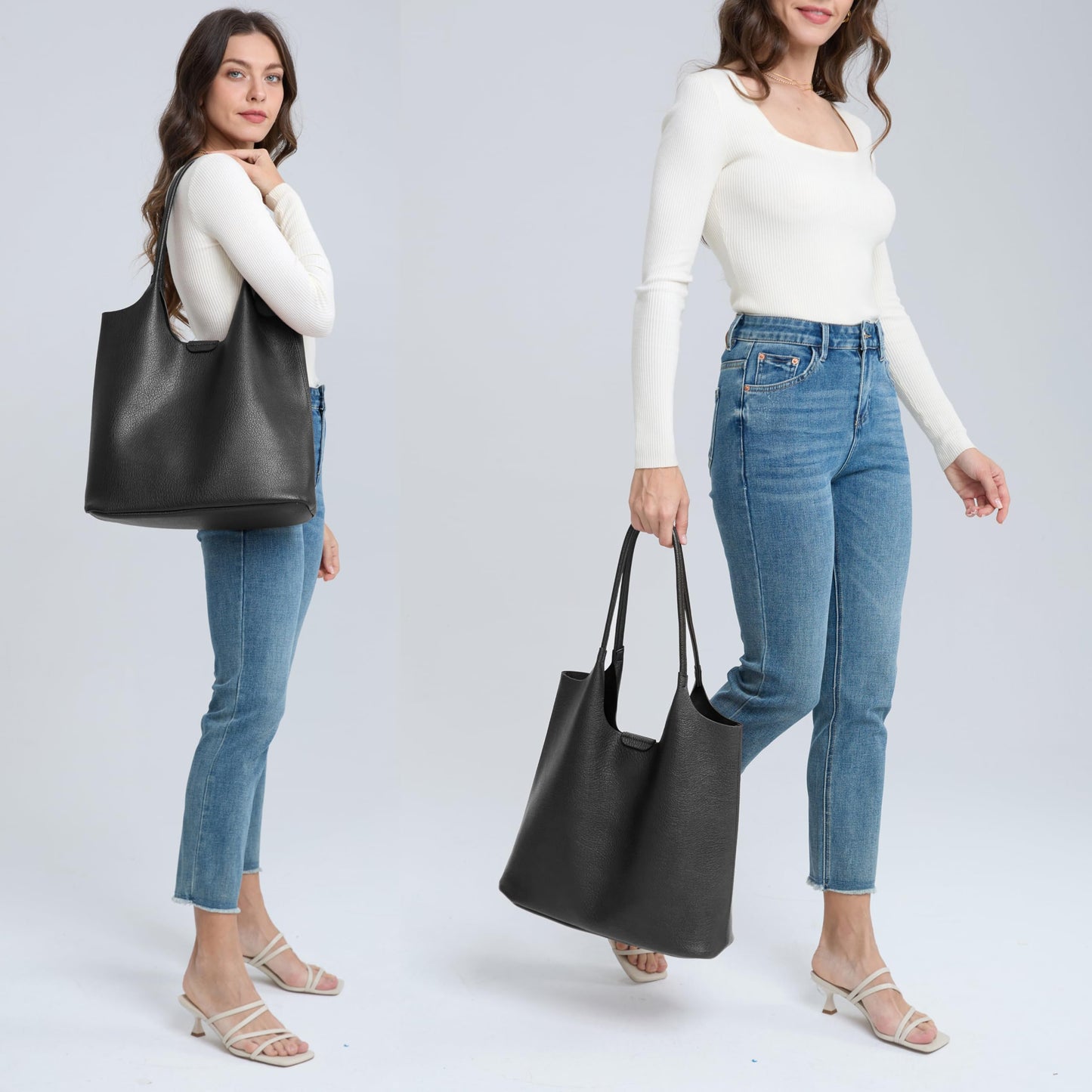 Soft Vegan Leather Tote Bag for Women Hobo Handbag Purse for Travel and Everyday (Black)