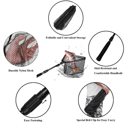 PLUSINNO Fishing Net Fish Floating Landing Net, Kayak Nets with Fixed Foldable Telescopic Pole Handle,Bass Trout Fishing Nets with Nylon Mesh for Pond Lake River,Fishing Gear Gifts for Men,Black 1.5M