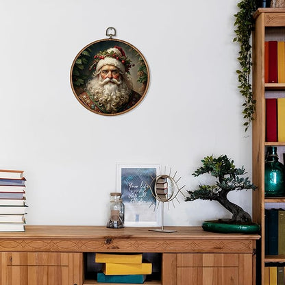 KSDUT Vintage Christmas Wall Decor Art - Retro Santa Claus Wall Art Canvas Frame Hanging Prints, Merry Christmas Xmas Holiday Round Wall Art Decor for Farmhouse Home Decorations 10"x10"