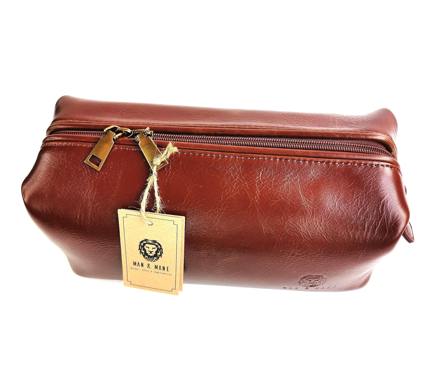 MAN & MANE Premium Leather Toiletry Bag for Men & Women – Classic Dopp Kit Travel Shaving Bag (Cognac Brown)