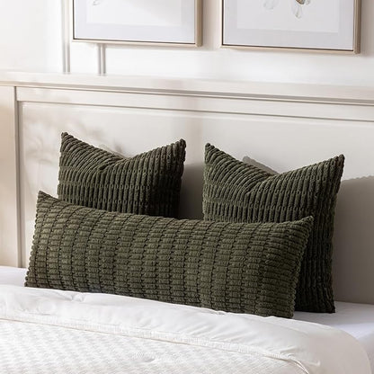 Fancy Homi Olive Green Long Body Lumbar Decorative Throw Pillow Covers 20x54 Inch for Bed Couch Bedroom, Soft Corduroy Rectangle Solid Pillow Case 50x137 cm, Rustic Farmhouse Boho Room Decor