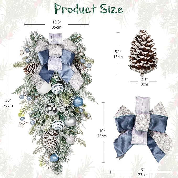 30" Christmas Teardrop Swag for Front Door Artificial Winter Swag Garland with Pine Cones, Berry Clusters, Blue Ball Ornaments and Ribbons for Thanksgiving Holiday Christmas Decoration