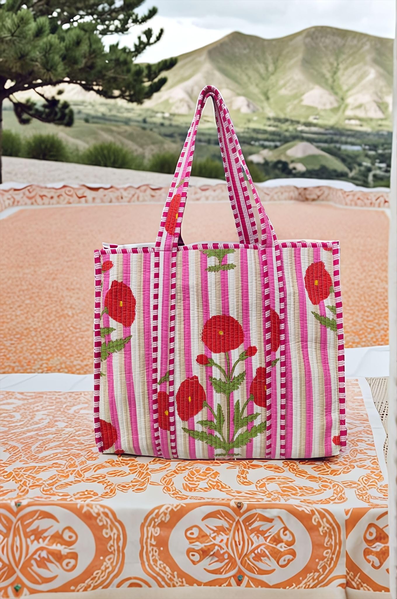 Floral Cotton Tiger Block Print Tote Bag, Indian Handmade Shopping Shoulder Beach Bag, Unisex Market Daily Use (1, 38)