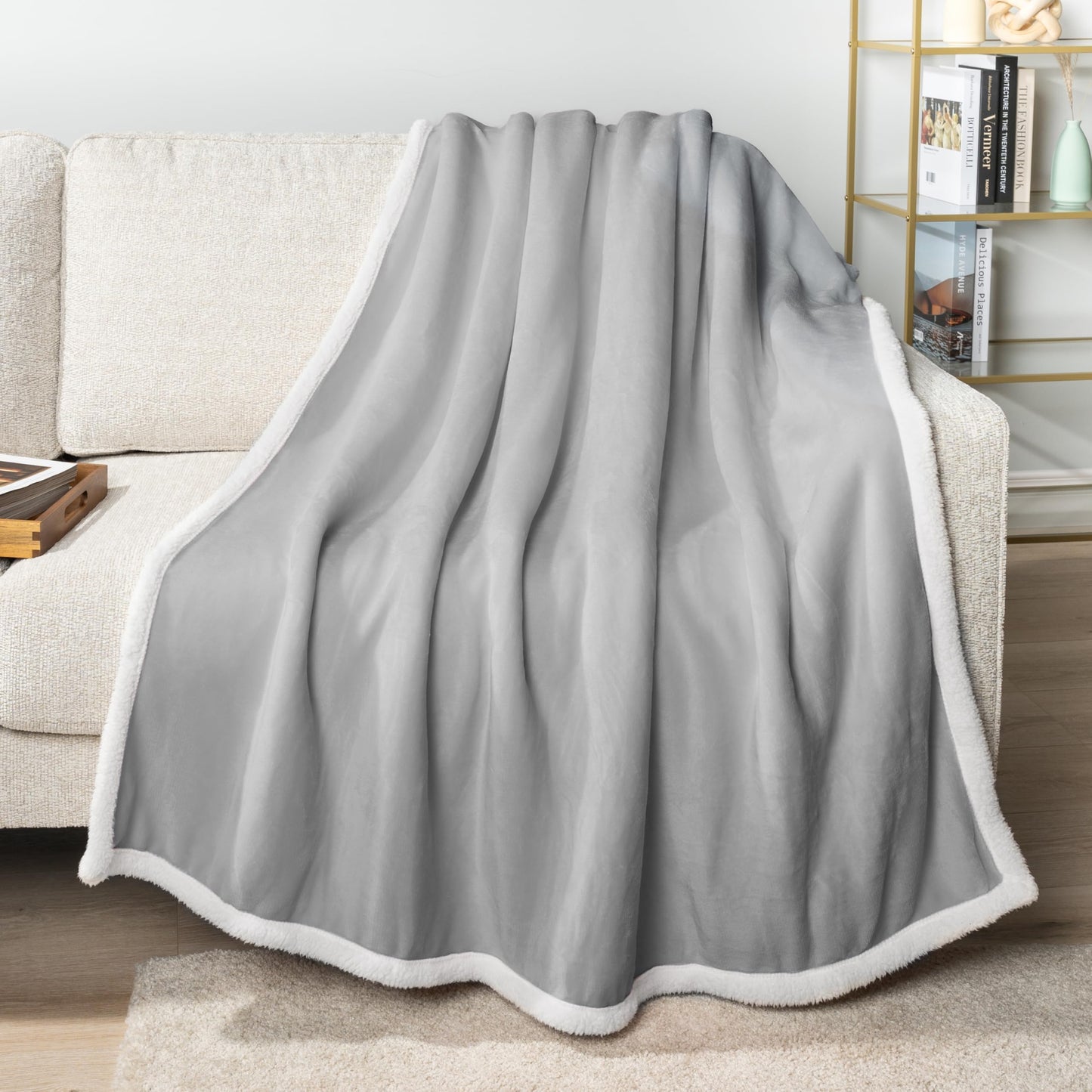 PAVILIA Sherpa Fleece Throw Blanket for Couch, Light Grey, Plush Soft Fuzzy Sofa Blanket, Cozy Reversible Winter Throw for Women Men, 50x60 Inches
