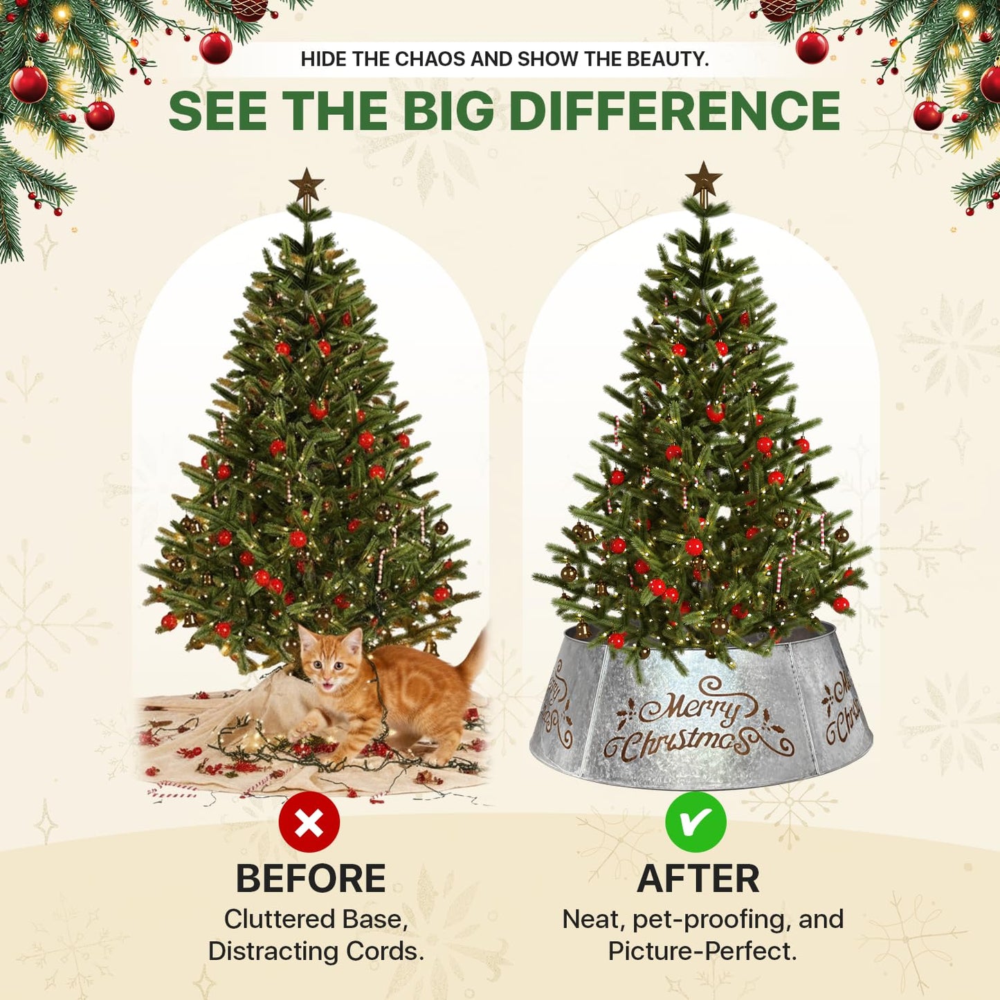 WKHOMEDECO 35.5" Large Metal Christmas Tree Collar - Christmas Tree Collars for Artificial Trees, Metal Tree Collar with Laser-Cut Merry Christmas Pattern,Extra Wide Adjustable & Pet-Safe (Galvanized)