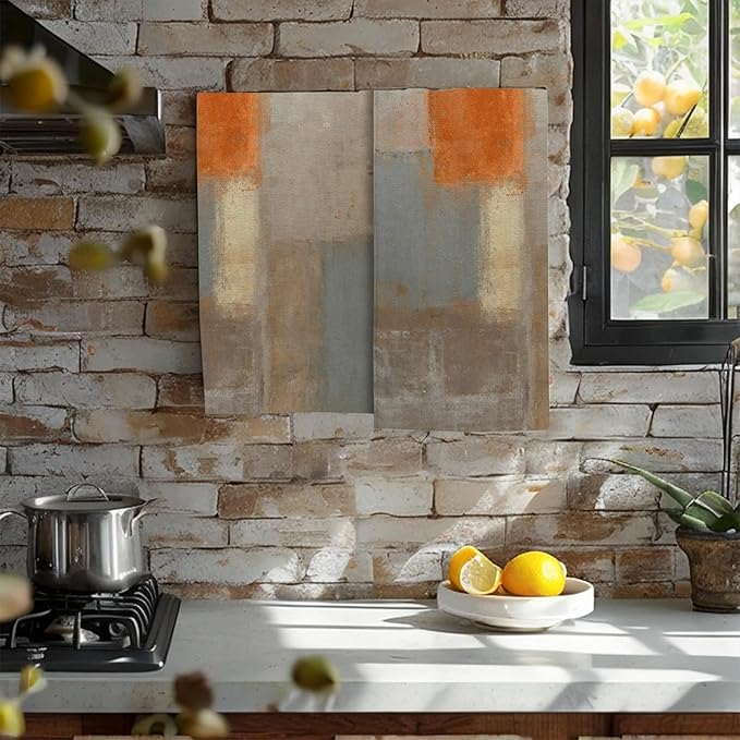 Orange and Brown Neutral Abstract Art Painting Hand Towel Set of 2, Abstract