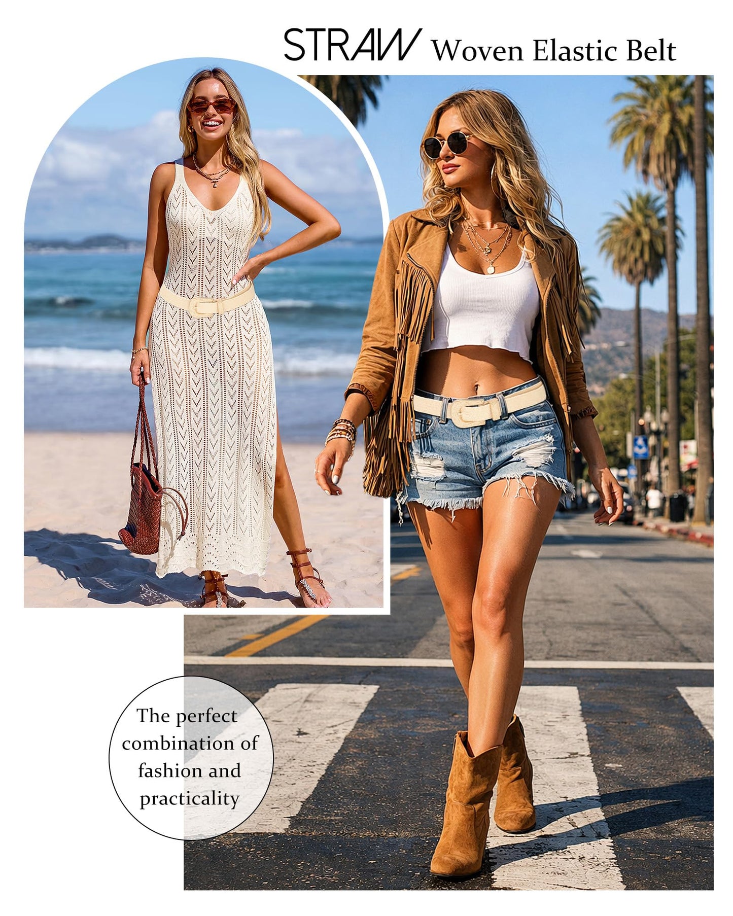 AWAYTR Womens Boho Woven Belt - Easy Care Plastic Elastic Belt with Handmade Raffia Buckle for Daily Vacation Work,Beige,Fit Waist 31''-36''