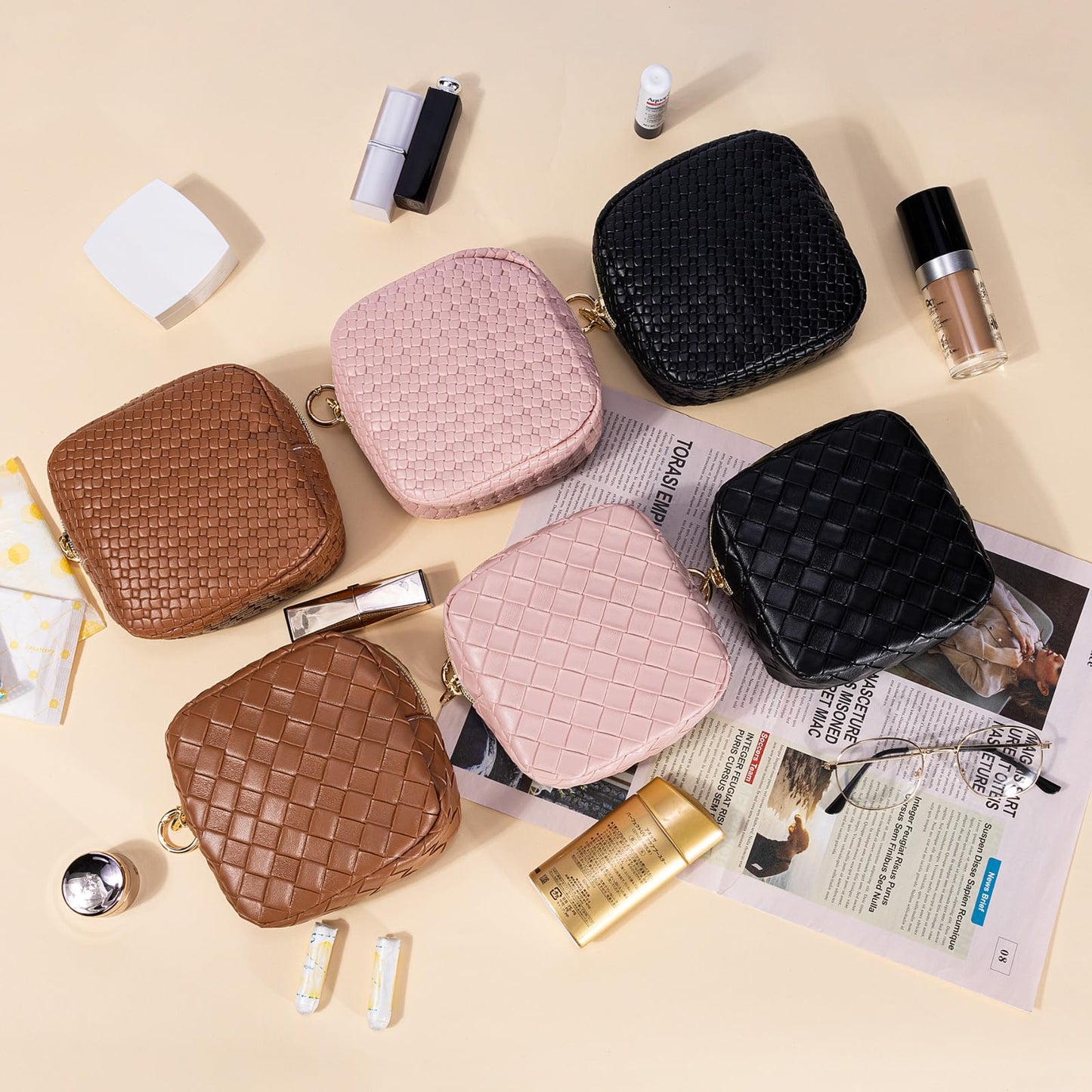 Playexen 5.5" Small Makeup Bag for Purse, PU Leather Mini Cosmetics Bag with Ring Buckle, Portable Small Travel Makeup Pouch for Women, Birthday/Wedding/Christmas Gifts (Brown)
