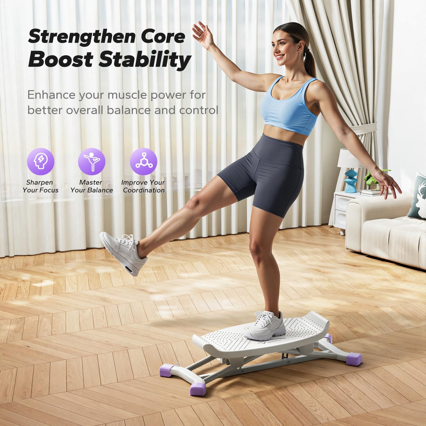 MERACH Balance Board for Adults, Rocking Stepper with Resistance Bands, Portable Wobble Board Featuring LCD Monitor, 300 lbs Capacity Ski Balance Trainer for Full Body Workout at Home Gym（Purple）
