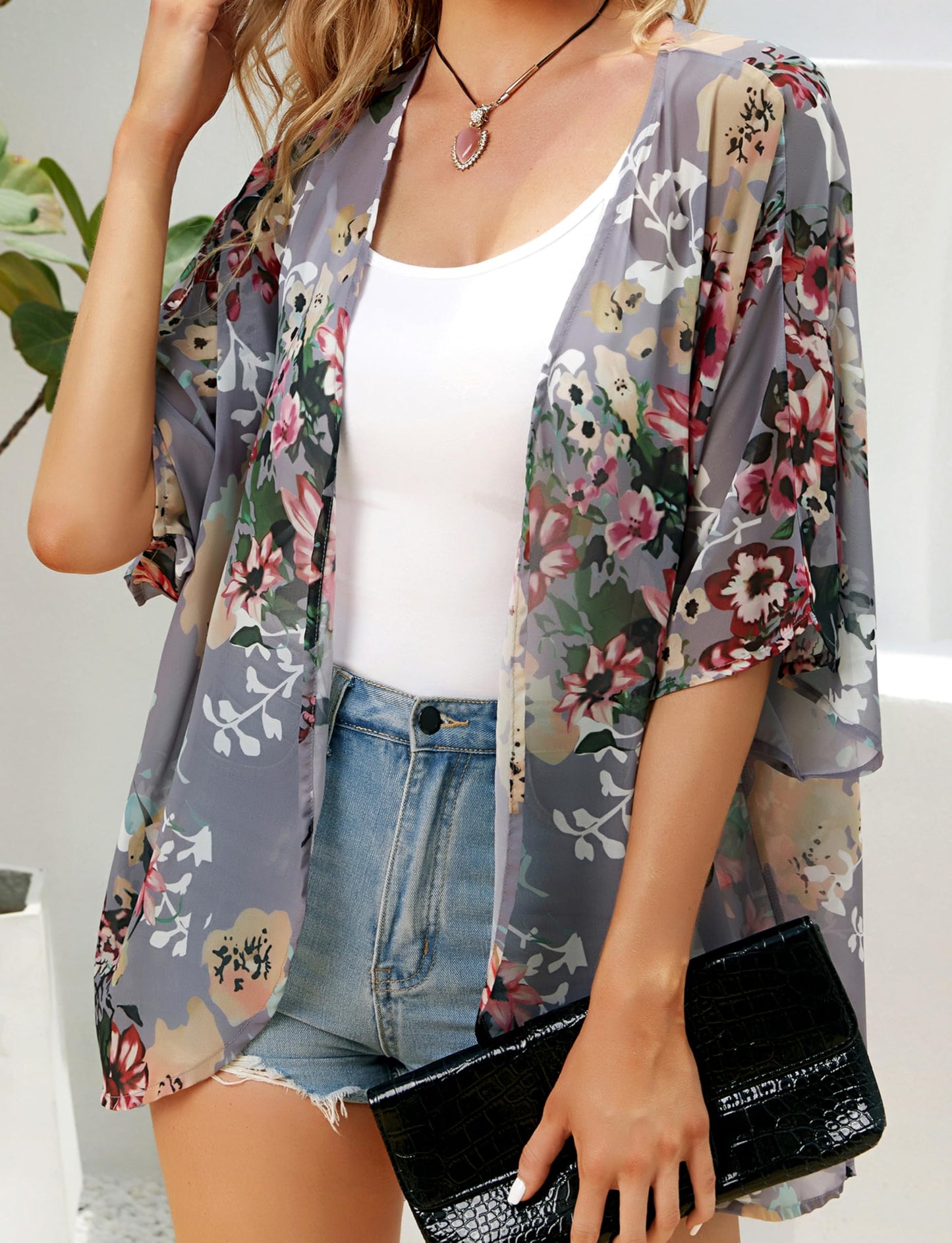 Women's Floral Print Puff Sleeve Kimono Cardigan Loose Cover Up Casual Blouse Tops (Dark Grey, XL)