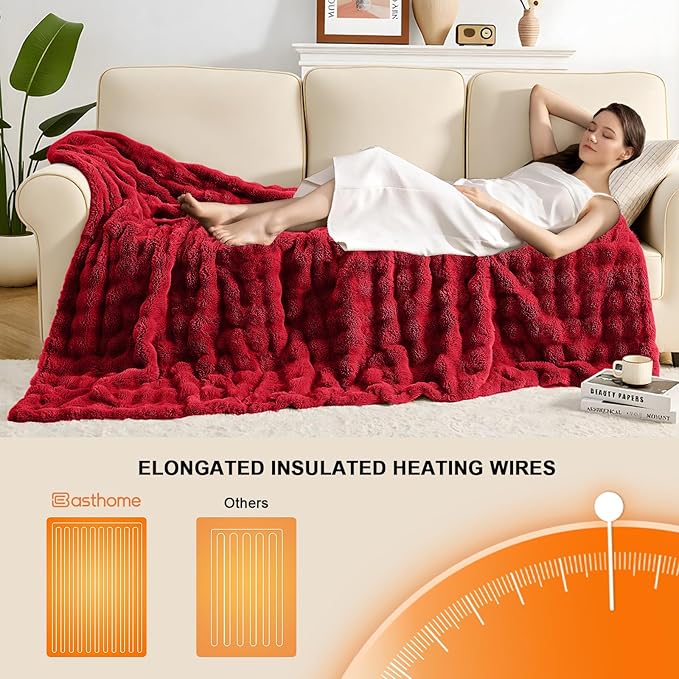 Heated Blanket Electric Throw Blanket 72''X 84''-Heating Blanket with 6 Heat Settings-10 Hours Auto Off,Cozy Faux Rabbit Fur Bubble Electric Blanket,Red