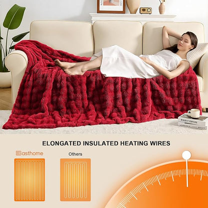 Heated Blanket Electric Throw Blanket 84''X 90''-Heating Blanket with 6 Heat Settings-10 Hours Auto Off,Cozy Faux Rabbit Fur Bubble Electric Blanket,Red