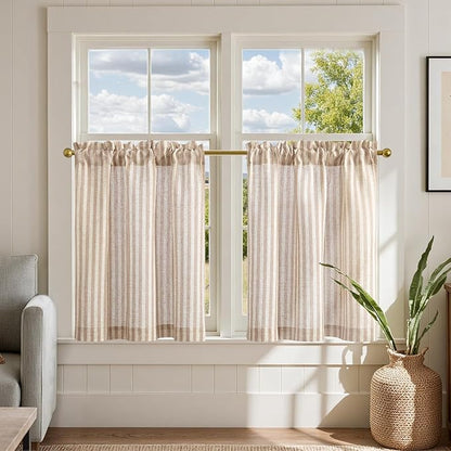 jinchan Striped Linen Kitchen Curtains 24 Inches Length Tier Curtains Farmhouse Modern Cafe Style Small Window Treatments Airy Light Filtering Rod Pocket for Living Room Bathroom 2 Panels Tan