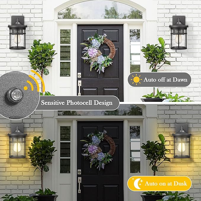 Dusk to Dawn Outdoor Wall Lighting Outdoor Wall Lantern with Sensor Exterior Wall Light Anti-Rust Porch Light Fixtures Wall Mount Waterproof Wall Sconce with Seeded Glass for House Patio Garage