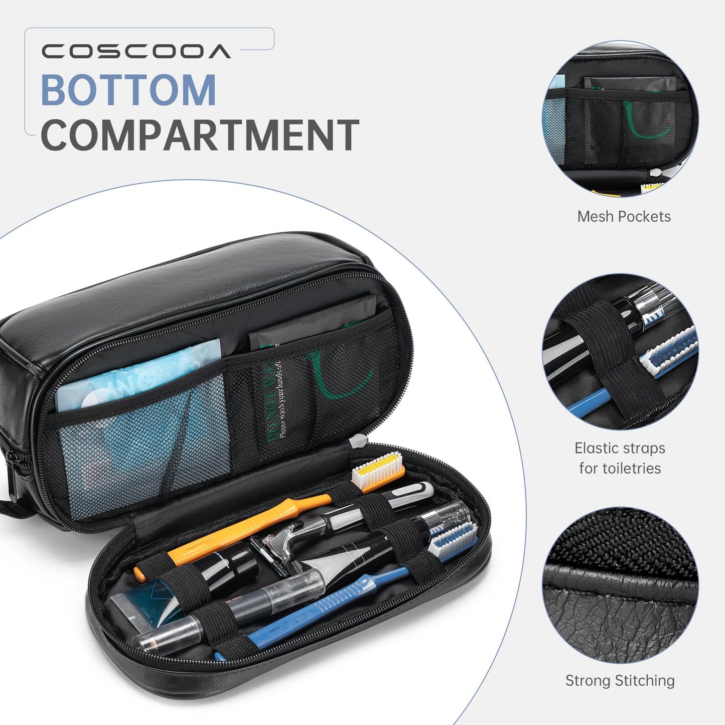 COSCOOA PU Leather Toiletry Bag for Men, Water Resistant Mens Hanging Toiletry Travel Makeup Bag, Travel Essentials Shaving Bag with Large Capacity Suitable for Bathroom Settings, Black