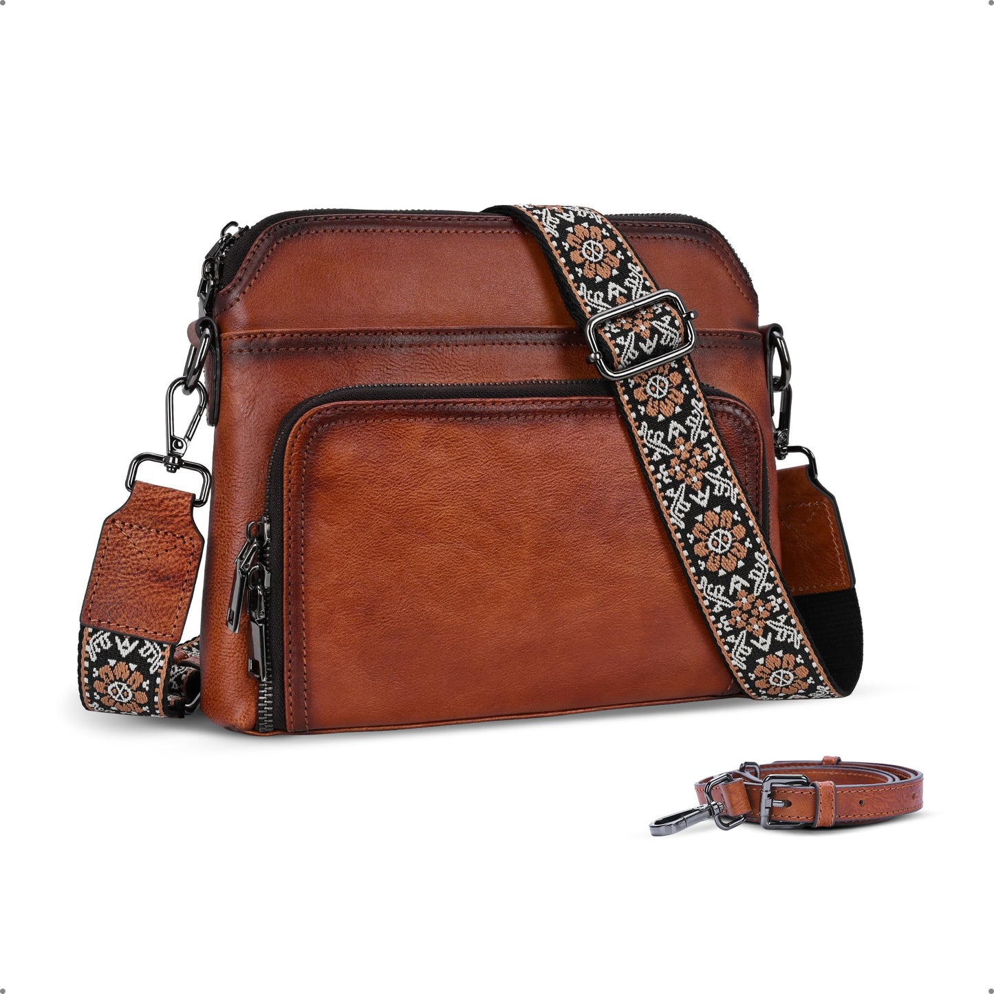 HESHE Genuine Leather Crossbody Bags for Women Satchel Purses Shoulder Handbags with 2 Adjustable Strap Hobo Purse (Brown)