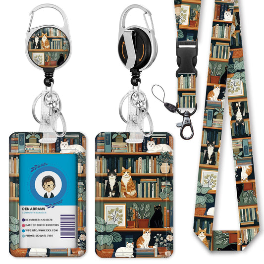 Immaturus Book Cat Lanyards for ID Badges, Cute Badge Holder Retractable Reel Clip, Teacher Lanyard Carabiner Keychain Key Name Tag Card Protector Funny Women Nurse Doctor Office Work Gifts