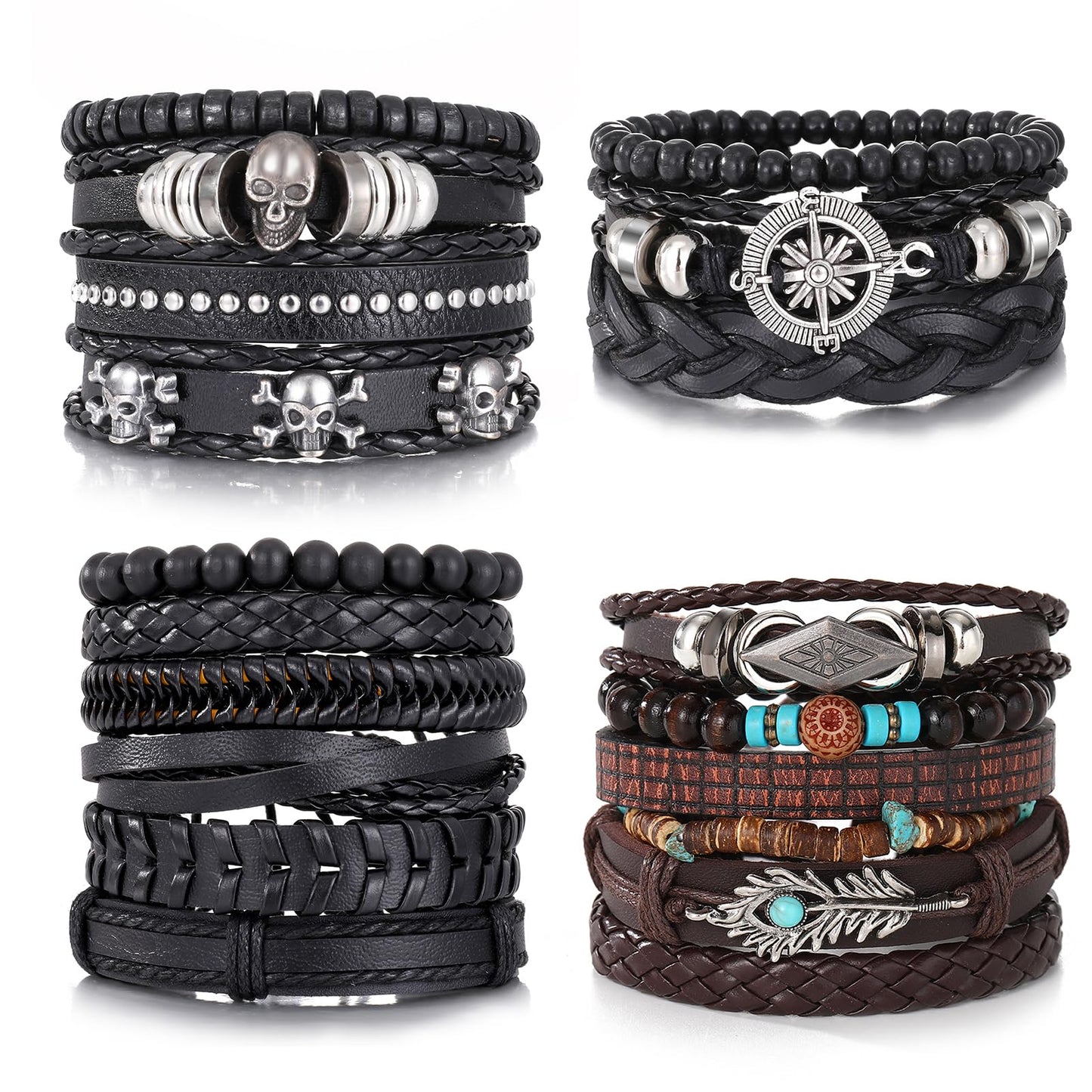 KISS WIFE Leather Bracelet for Men, 4 Packs Punk Bracelets Set, PU Braided Wrap Wristband Skull Skeleton Rock Emo Jewelry Accessories Adjustable Black Brown