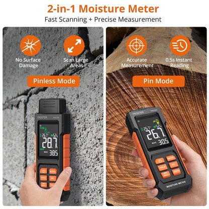 Proster Moisture Meter 2 in 1 Pin & Pinless Moisture Tester Digital LCD Display Dampness Detector for Wood Drywall Masonry Building Materials, Water Leak Detector for Home Inspection, DIY Woodworking