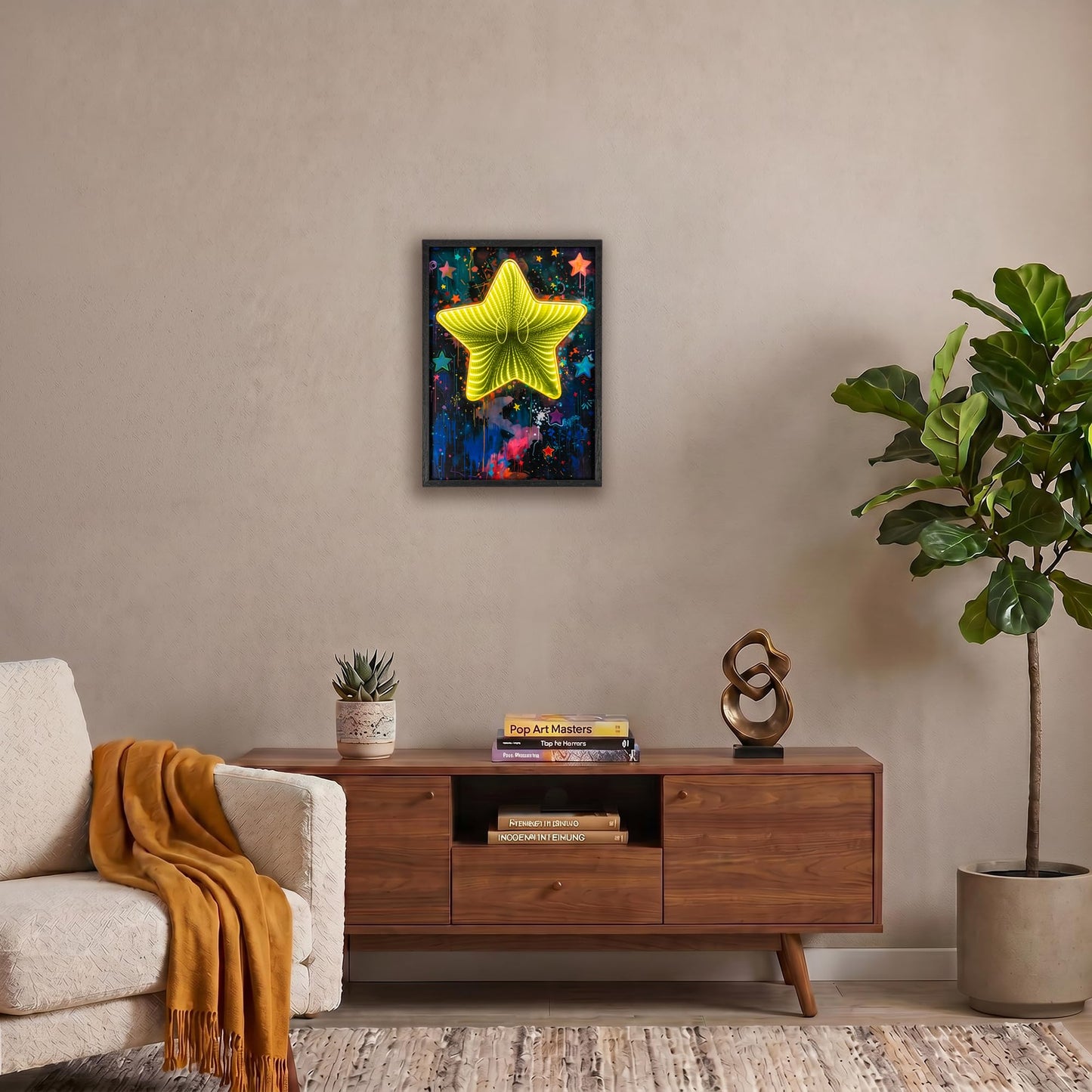 Framed Graffiti Star Wall Decor with Infinity Mirror Light, 3D LED Dimmable Retro Setup Gaming Wall Decor, Poster Artwork Theme Wall Art, for Bedroom Living Room Office Game Room Decor 12x16 Inch