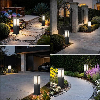 Outdoor Landscape Path Light Stainless Steel Waterproof Bollard Lighting Hardwired E26 Glass Post Pillar Lights Black Modern Lawn Lighting Outside House Pathway Lamp For Garden Patio Yard Street Light