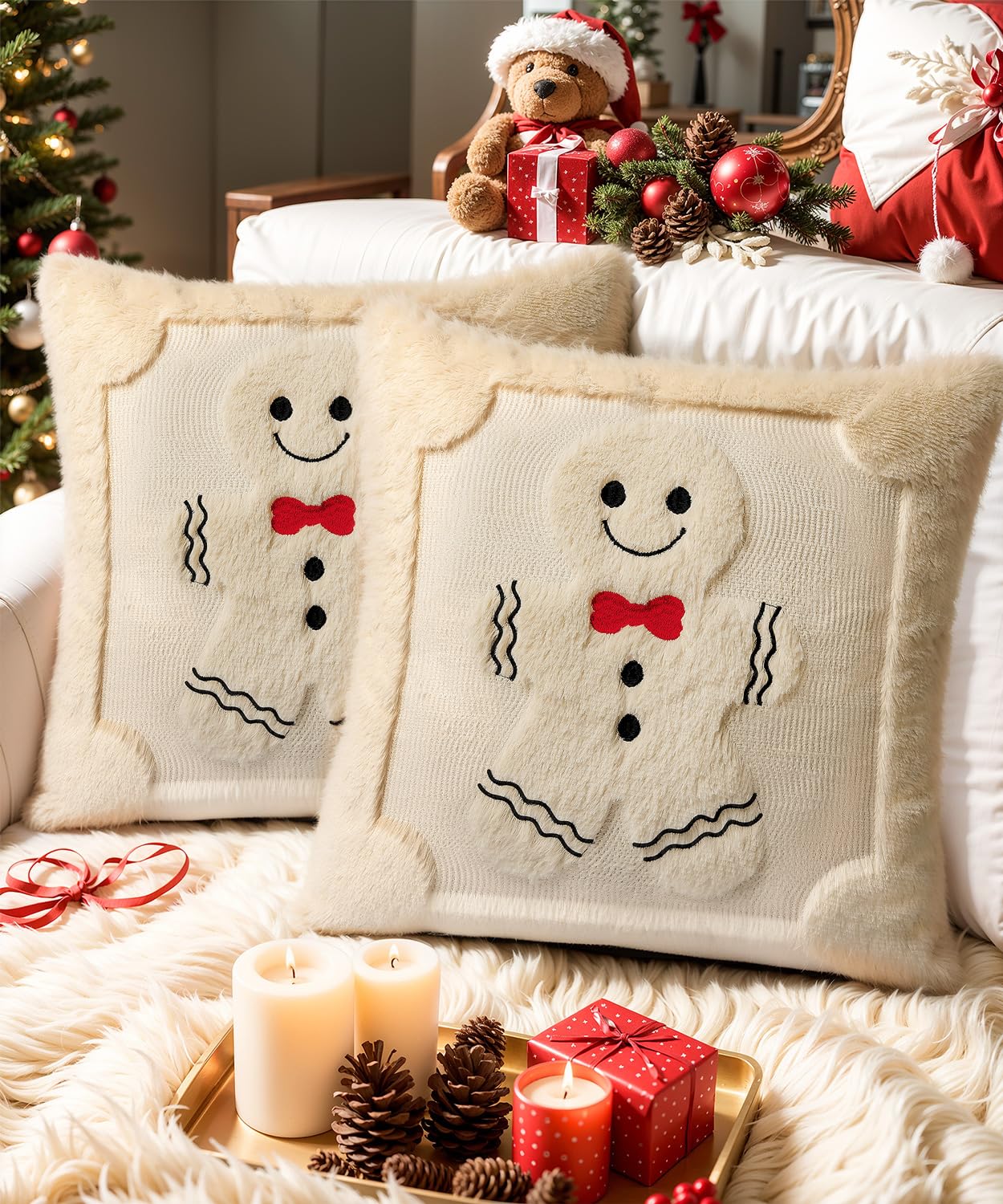SEGXCFL Christmas Pillow Covers Set of 2 Soft Plush Faux Fur Pillow Cases 3D Embroidered Decorative Couch Cover Home Decor Christmas Throw Pillow Covers 18x18,Beige Gingerbread Man