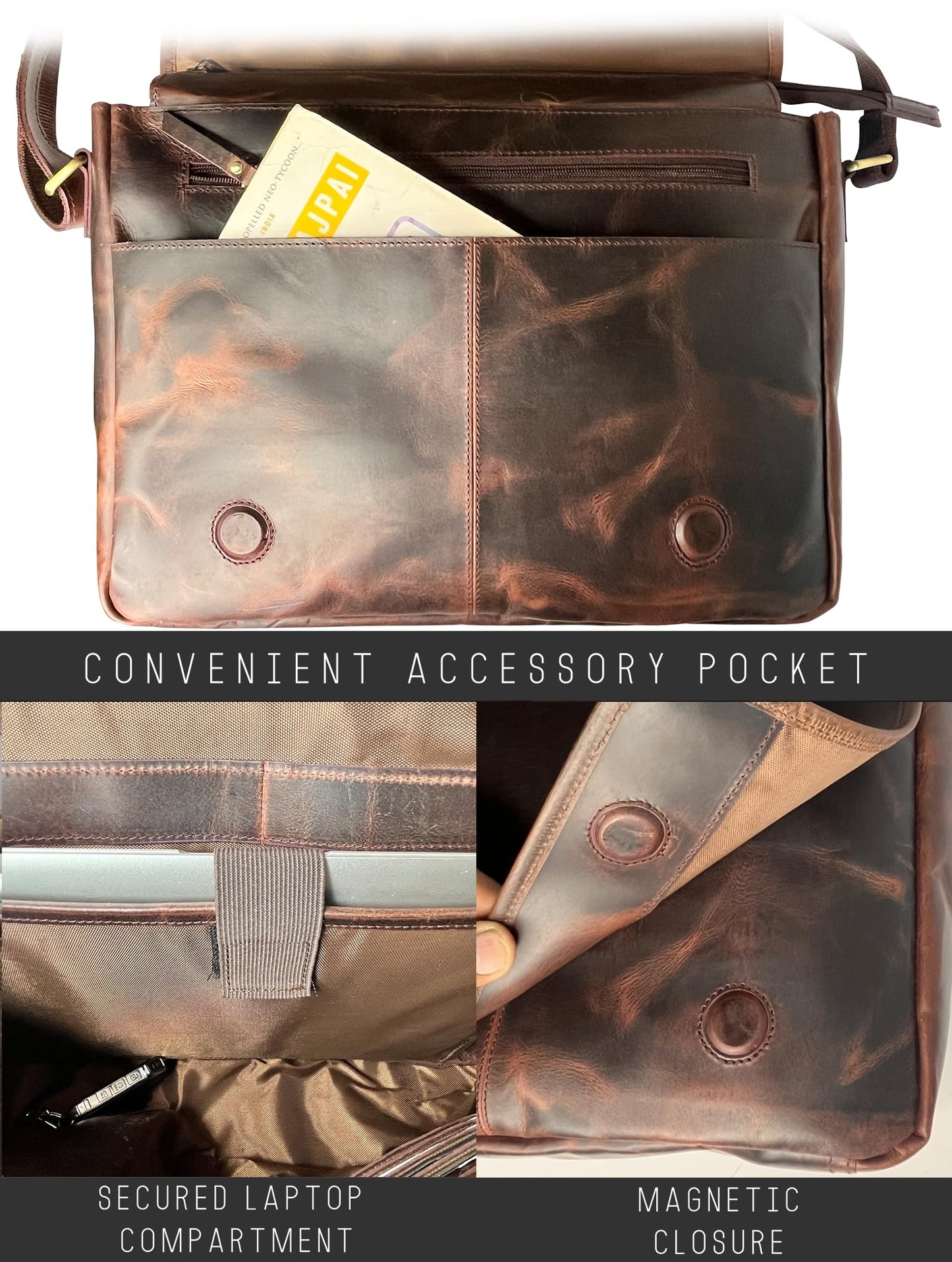 Leather Messenger Bag for Men 14 inch Leather Laptop Bag Vintage Crossbody Office Satchel Travel Shoulder Bag, Dark Brown