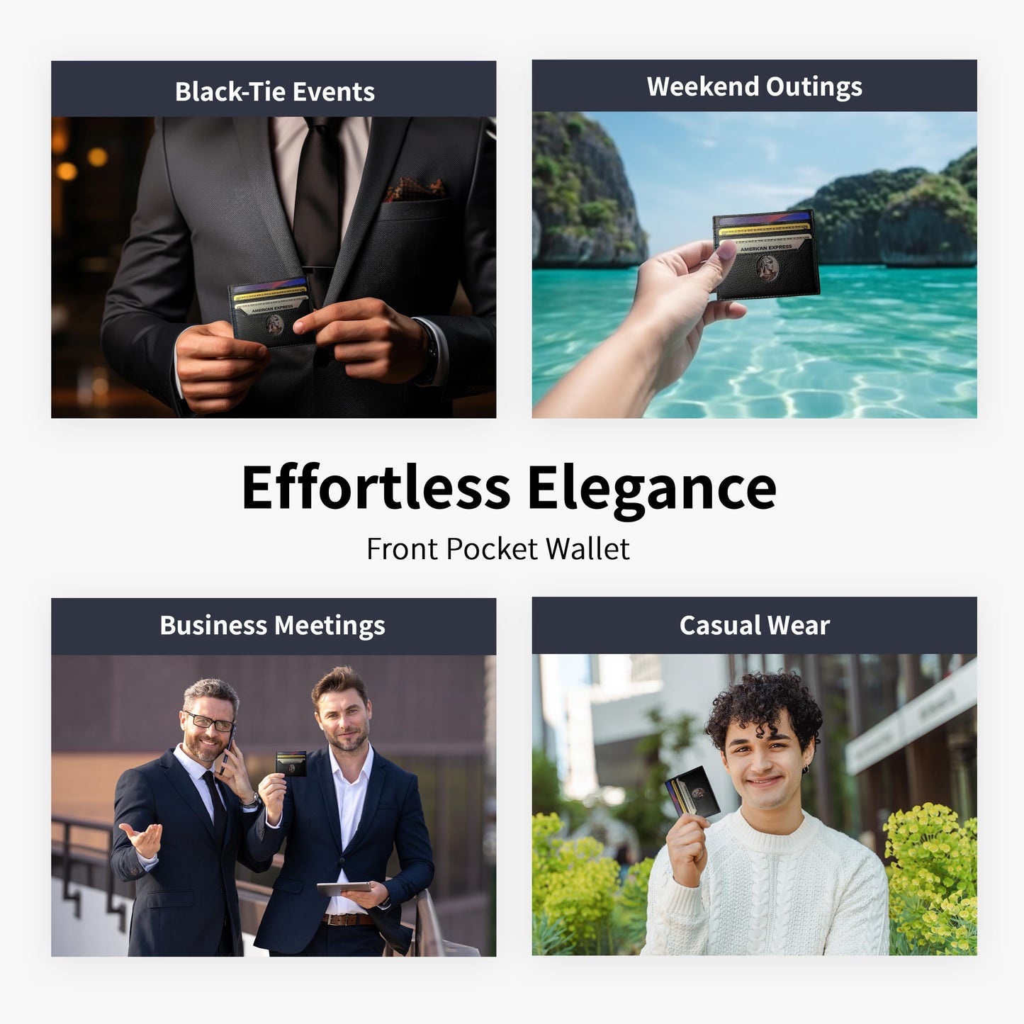 6 Card Minimalist Wallet for Men & Women - Genuine Leather Ultra Thin Black Credit Card Holder - Compatible with Amex Cards