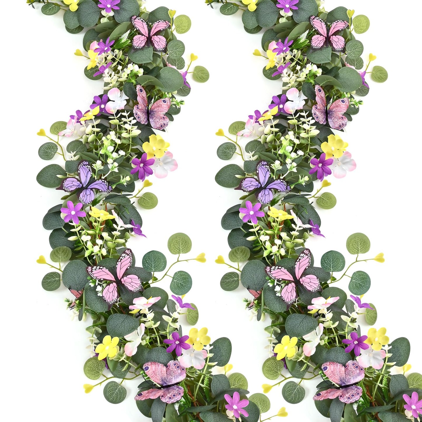 Waipfaru 2Pcs Eucalyptus Garland with Daisy 3D Butterfly, Green Garland with Flowers, 5.9FT Artificial Faux Eucalyptus Leaves Vines for Table Mantle Home Wedding Party Indoor Outdoor Decor