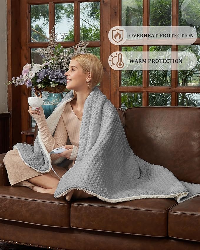 CAROMIO Heated Blanket Twin Size, Waffle Weave Electric Throw Blanket Fast Heating with LCD Controller, 10 Heat Levels & 1-12H Time Settings Auto Off, ETL Certified, Grey, 62" x 84"