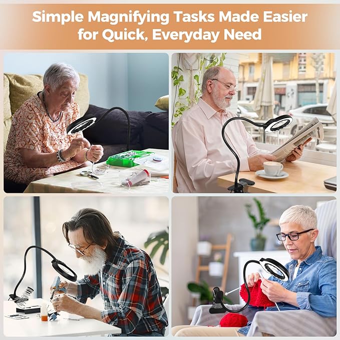 Magnifying Glass with Light and Clamp Desktop Bigger 20+10X Magnifier Desk Clip on Lamp for Close Work, Bed Book Reading,Crafting,Sewing, Soldering, USB (Black, 18.5 inch)