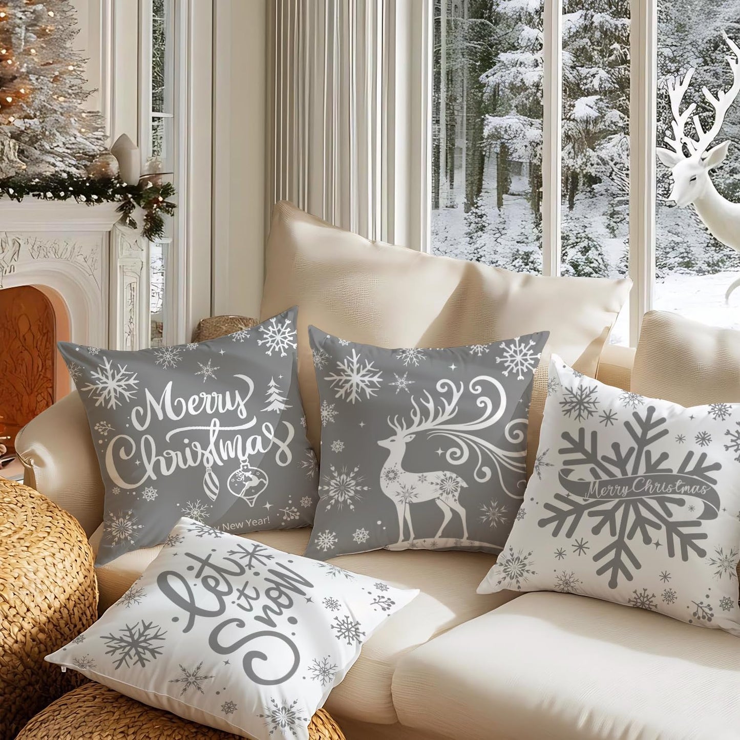 Artmag Merry Christmas Throw Pillow Covers 16x16 inch Snowflakes Let it Snow Moose Winter Holiday Grey Cushion Case for Coach Sofa Decorations Set of 4