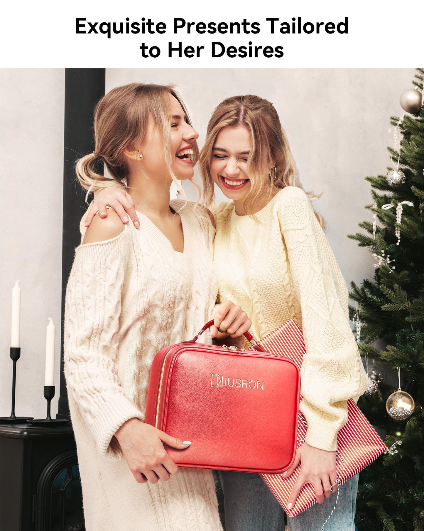 JUSRON Travel Makeup Bag With LED Mirror, Cosmetic Train Case with Light up Mirror, Portable Makeup Artist Organizer Bag with Adjustable Dividers, Makeup Brush Holder Storage (Red, Large)