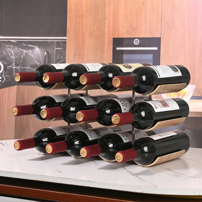TRUDING Countertop Wine Rack - 12 Bottle Freestanding Wine Bottle Holder Stand - 3 Tier Wooden Wine Storage Rack - Wavy Wine Organizer for Cabinet Pantry Home Kitchen Bar