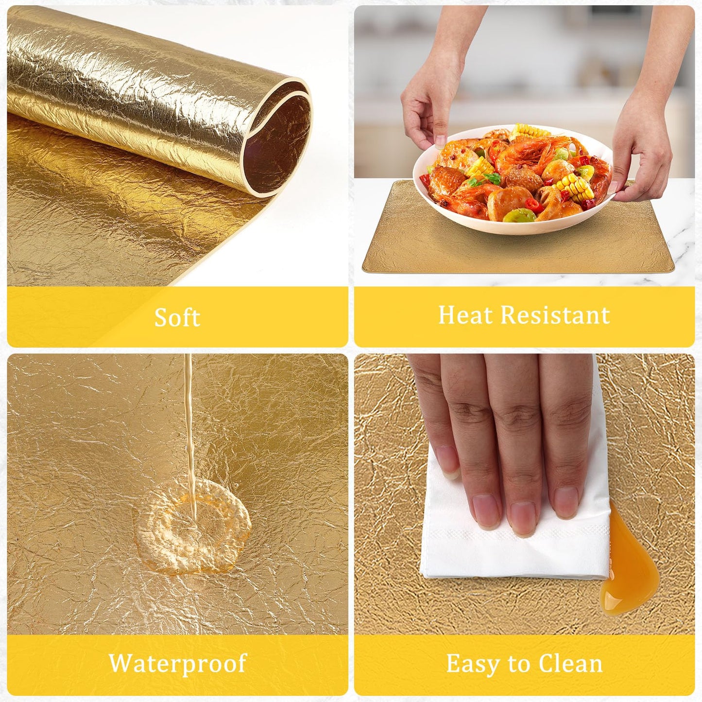 comfoyar Faux Leather Placemats Set of 6 with Coasters, 12x17inch Non-Slip Heat Resistant Dual-Sided Gold Crackled Place Mats, Washable Waterproof Table Mats for Kitchen Dining Party Table Decoration