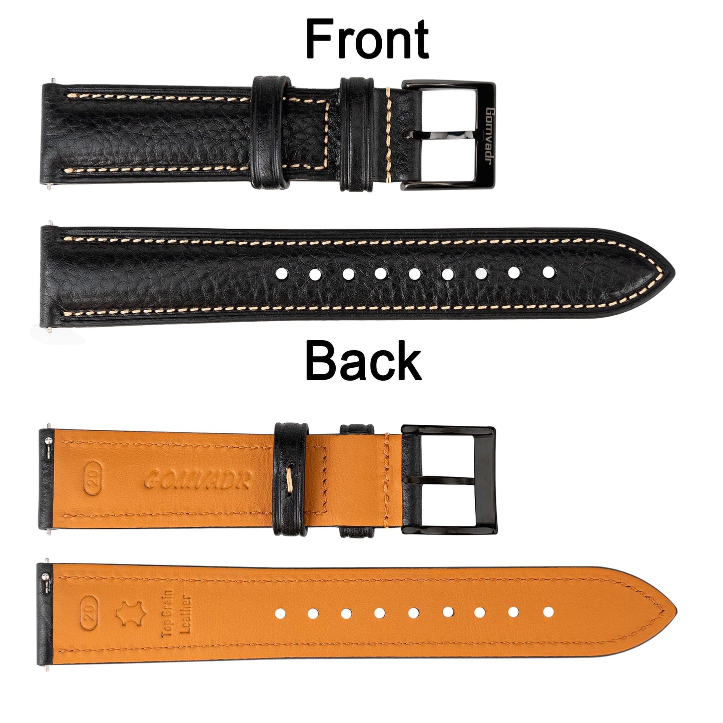 Gomvadr Italian Leather Watch Band Tuscany Natural Vegetable-Tanned Leather Strap,18mm 19mm 20mm 21mm 22mm XL XXL Quick Release Replacement Watch Straps for Men and Women, Thick and Soft(Black / Black Buckle, 18mm-Standard)