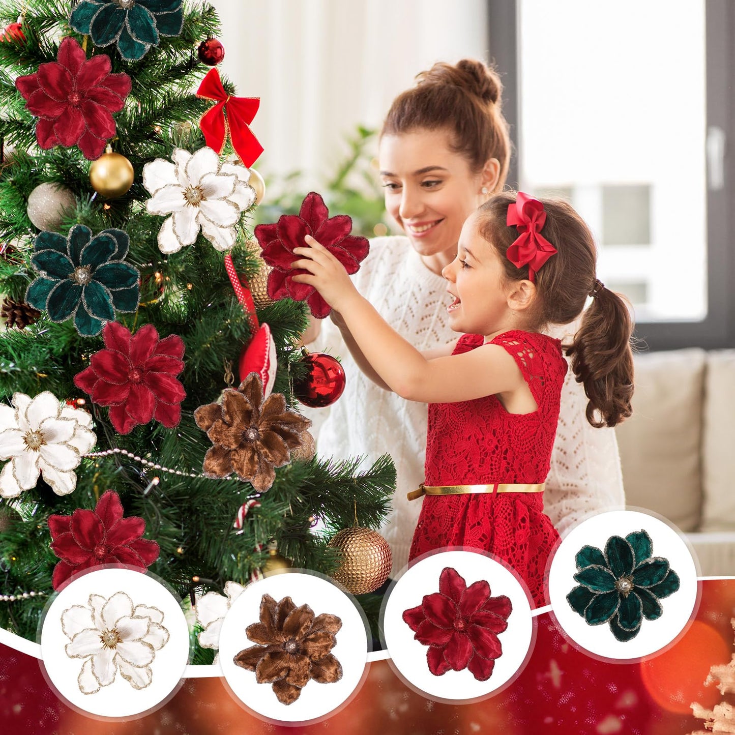 Suncalla 24 Pcs Christmas Velvet Magnolia Flowers Large Artificial Poinsettia Flower Picks 8'' Christmas Glitter Magnolia Floral Picks Stems for Xmas Tree Party (Burgundy Brown Green Cream White)