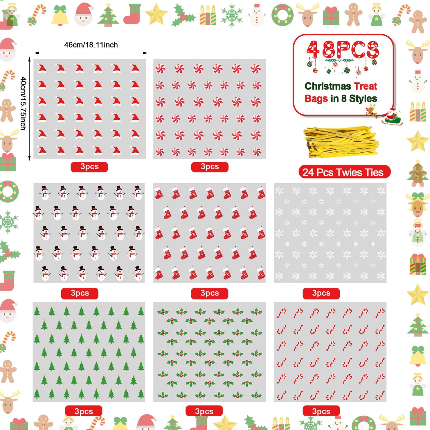 Yexiya 24 Pcs Christmas Cellophane Cookie Tray Bags 15" x 18" Clear Cello Serving Tray Bags with Twist Ties for Cookie, Treats, Gift Wrap or Display Winter Xmas Theme Party Supplies(8 Styles)