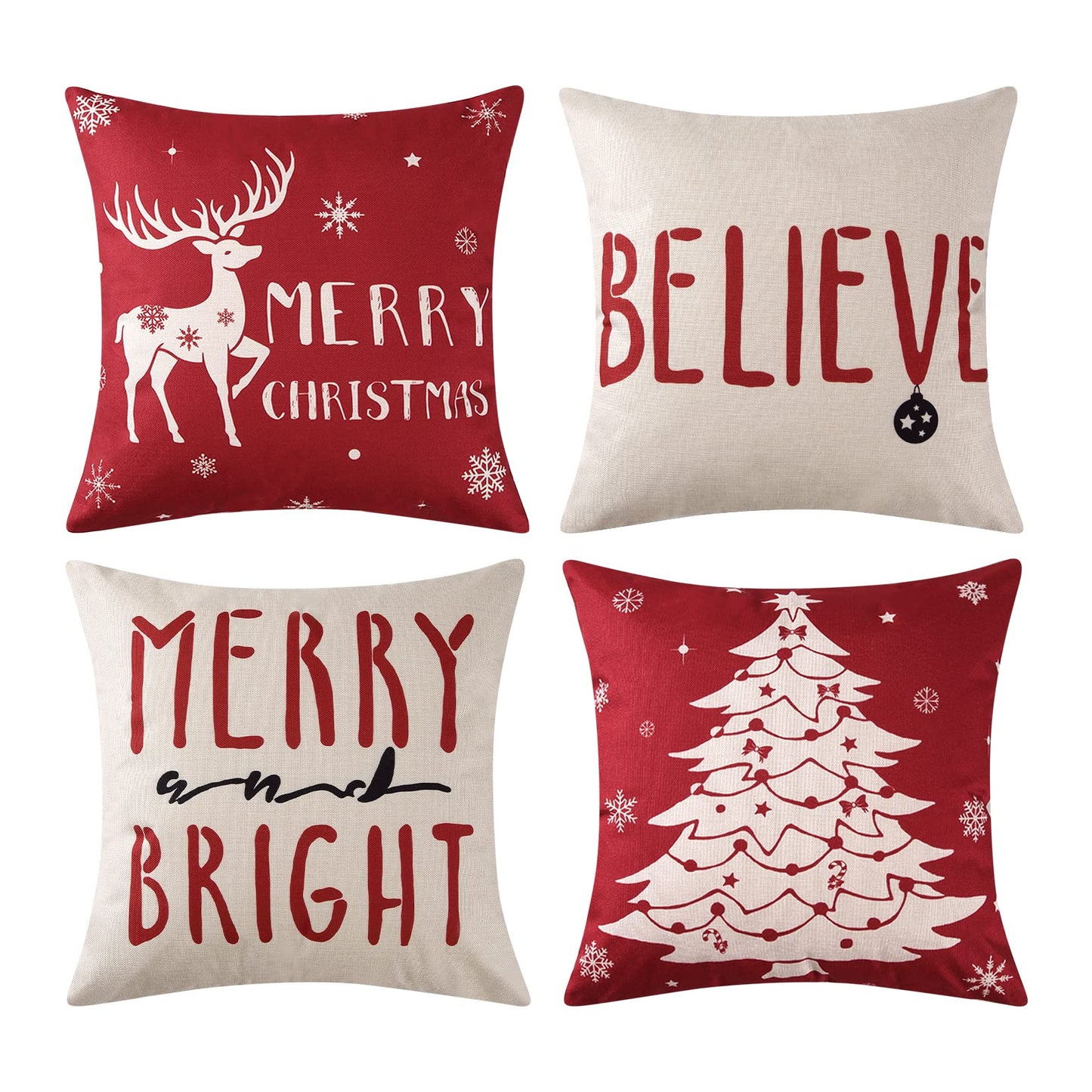 CAROMIO Christmas Decoration Pillow Covers 18 x18 Set of 4 Farmhouse Decorative Throw Pillows for Home Deer Rustic Xmas Tree Pillow Cases Winter Holiday Decor Throw Cushion Cases for Sofa Couch