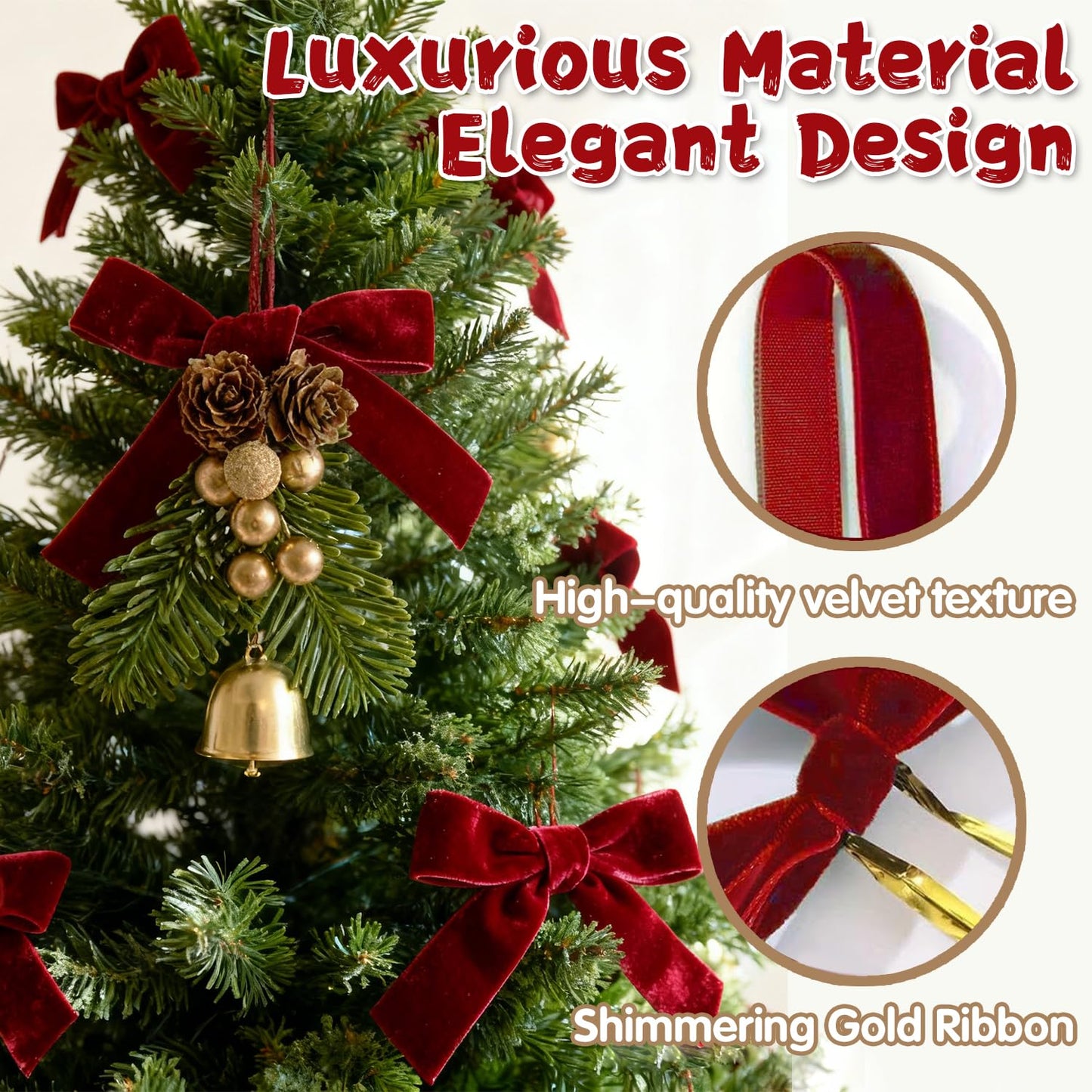 24 PCS Red Velvet Bows for Christmas Tree, Red Velvet Bows with Gold Ties, for Christmas Tree Party Front Door Wreath Holiday Indoor Inside Decor