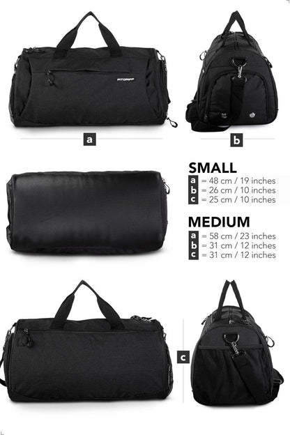 Fitgriff® Gym Bag for Men & Women with Shoe & Wet Compartment - Duffle Bag for Travel, Sports, Fitness & Workout (Full Black, 19 x 10 x 10″ (Small))