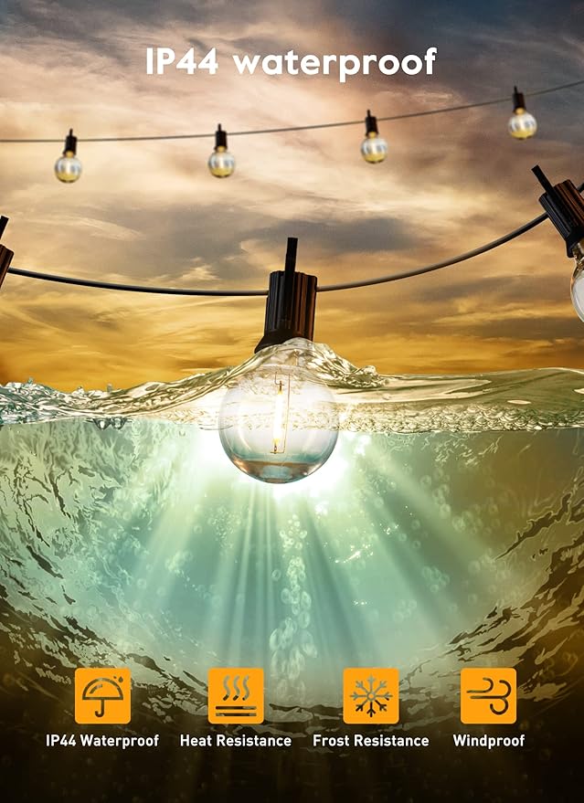 LED G40 Outdoor String Lights Patio Lights 100FT with 104 LED Shatterproof Bulbs, Weatherproof Commercial Hanging Lights for Backyard Bistro Pergola Party Decor, E12 Socket Base, 2200K, Black