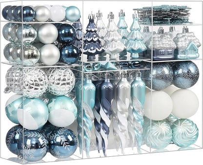 124Ct Blue Silver and White Christmas Tree Ornaments Set,Shatterproof Assorted Christmas Decorations for Xmas Tree Snowflake Icicle House Ball Ornaments Baubles for Holiday Party Decor（Blue & Silver）