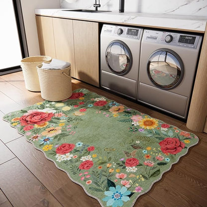 Washable Entryway Small Area Rugs: Door Mat Indoor Entrance 3x5 Floral Rug Ultra Thin Stain Resistant Non Slip Low Pile Lightweight Carpet for Kitchen, Front Door, Kids Room Decor (Green)