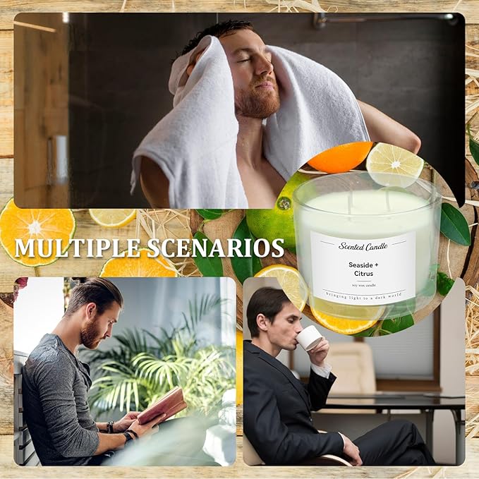 Premium 3-Wick Scented Candle 420g, Jar Aromatherapy Candle Birthday Gifts for Men and Women, Long Lasting 50H, Soy Wax Natural Essential Oil Blend for Home Office Spa (Seaside+Citrus)
