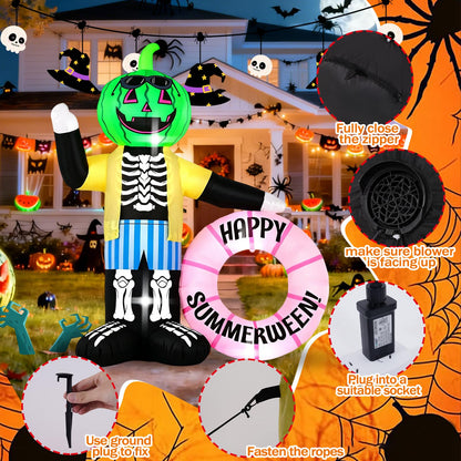 InfleasJoiy 6FT Watermelon Zombie Holding Flower Wreath, Summer Halloween Outdoor Inflatable Decoration with Built-in LED Lights. Suitable for Indoor, Outdoor, and Lawn Parties.