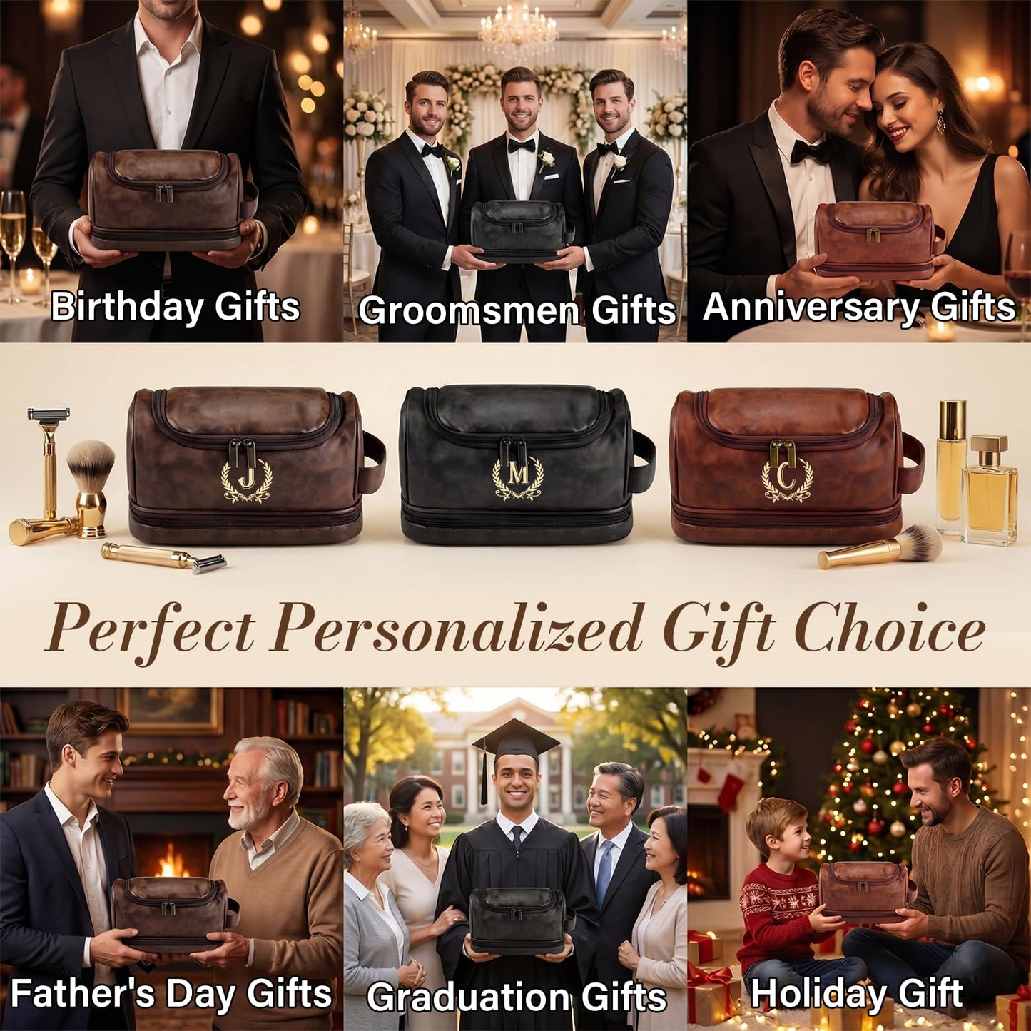 Groomsmen Gifts for Men Travel Toiletry Bag, Personalized Leather Toiletry Bag with Handle & Hook, Water Resistant Shaving Kit Bag for Wedding Party Bachelor Party Favors Bestman Gifts（C）