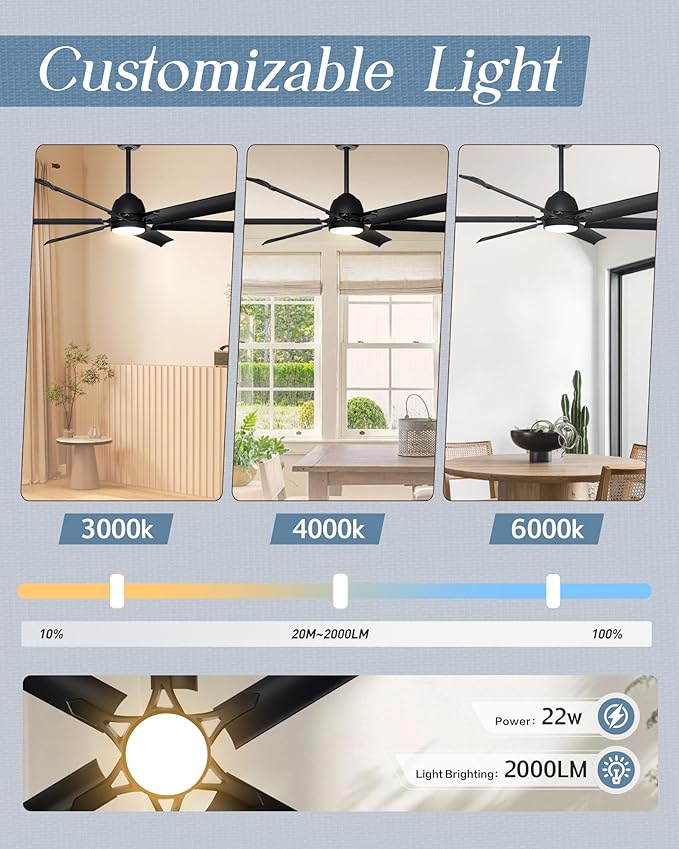 60 Inch Aluminum Blade Ceiling Fan with Light,Industrial Smart Fan Works with Alexa,Indoor Outdoor Metal Black Ceiling Fans for Patio Living Room or Bedroom with 6 Speed Reversible DC Motor,3CCTS
